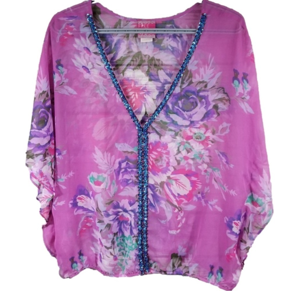 Free People Floral Embellished Sequins V-Neck Sheer Kimono Top - Picture 2 of 10
